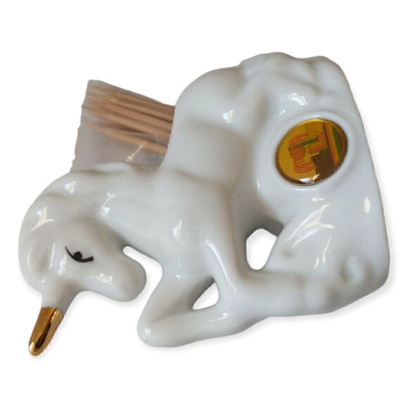Vtg Atlanta GA Unicorn Toothpick Holder State Souvenir Ceramic Horse White Gold. - Picture 13 of 16